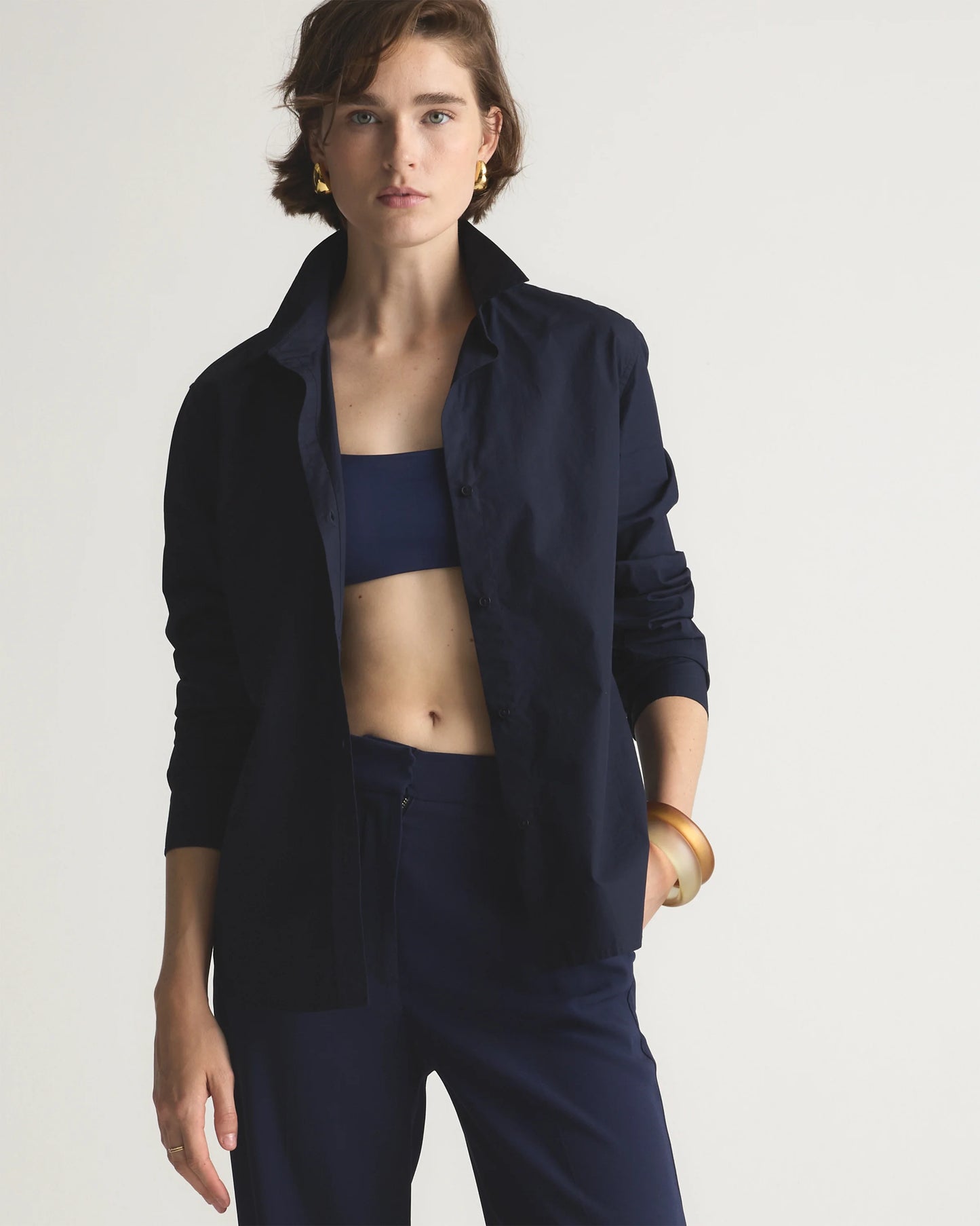 100% Organic Cotton Poplin Long Sleeve Shirt - XS / Delta Blue Double Stripe