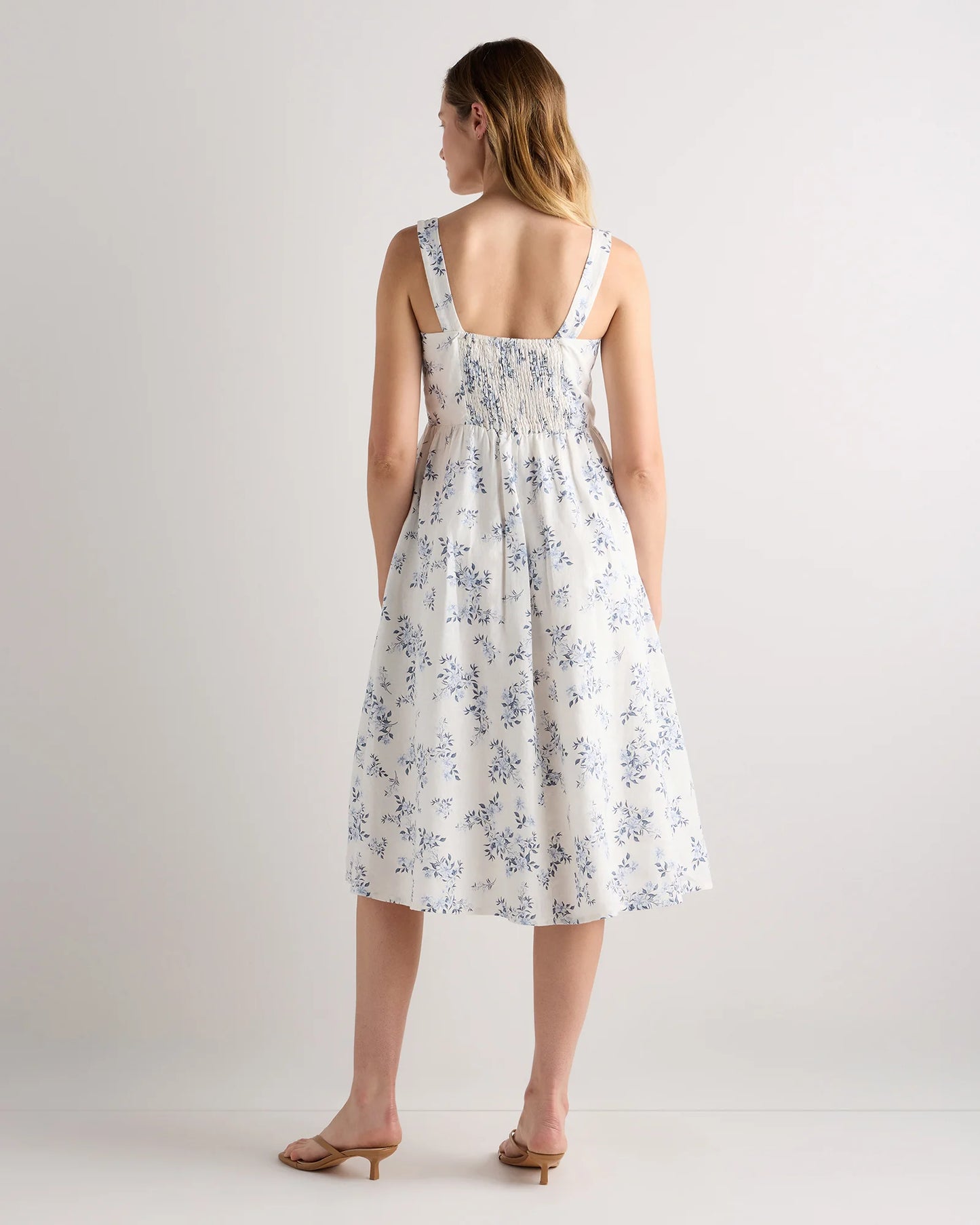 100% European Linen Fit & Flare Midi Dress - XS / Brick Red Heirloom Floral