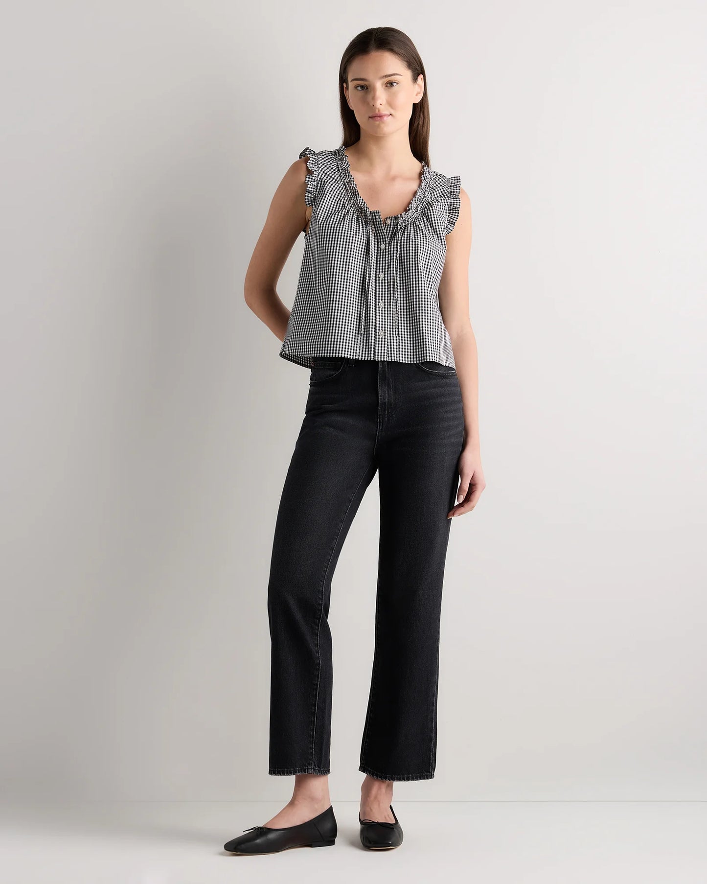 Cotton Viscose Voile Ruffle Trim Tank - XS / Classic Mini Gingham