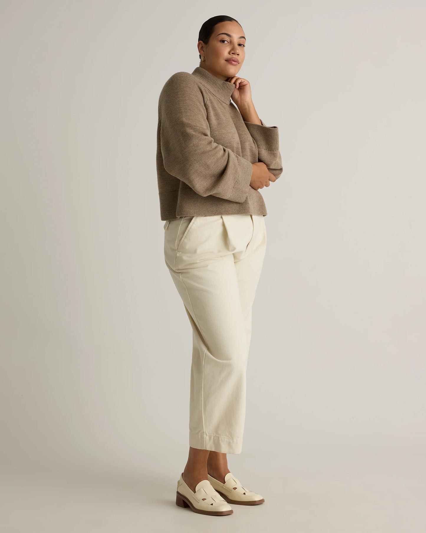 Australian Merino Wool Cropped Mock Neck Sweater - XS / Heather Bone