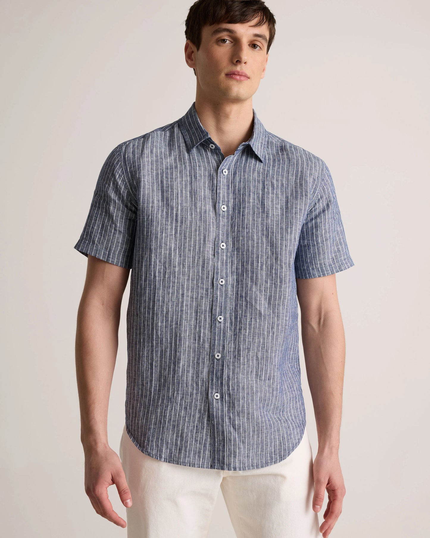 100% European Linen Relaxed Short Sleeve Shirt - XS / Taupe Brown Chambray