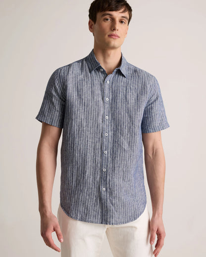 100% European Linen Relaxed Short Sleeve Shirt - XS / Taupe Brown Chambray