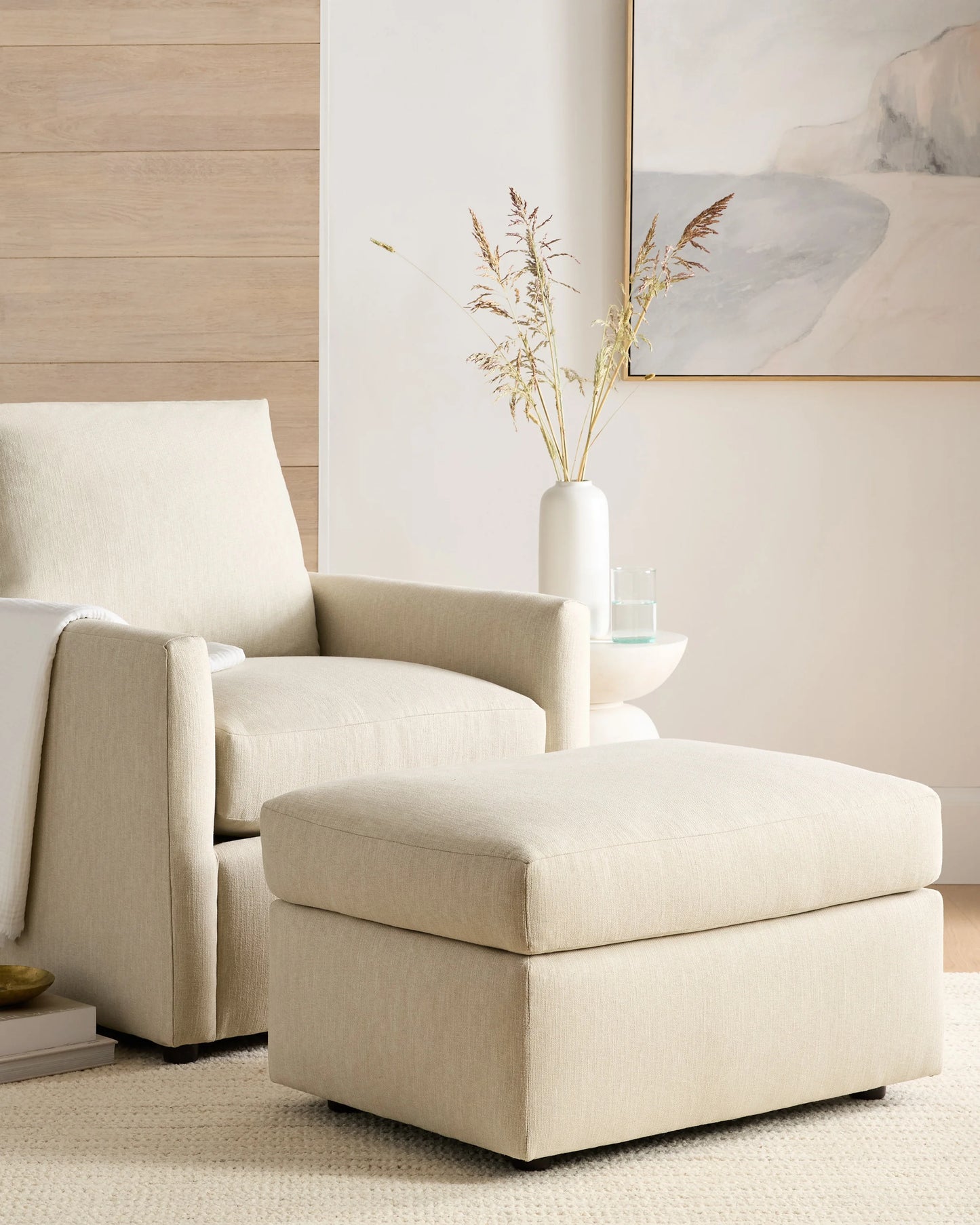Brennan Ottoman in Performance Basketweave - One Size / Flax