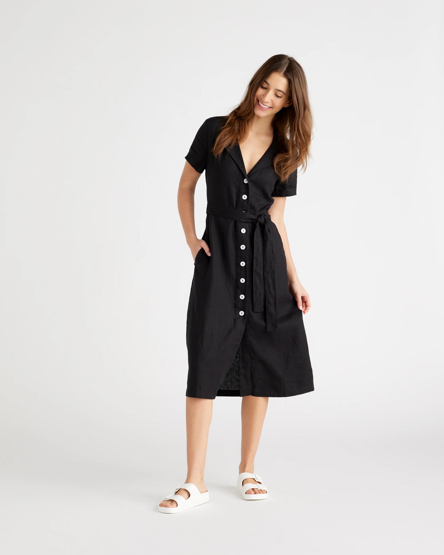 100% European Linen Button Front Dress - XS / Sky Blue Mariner Stripe