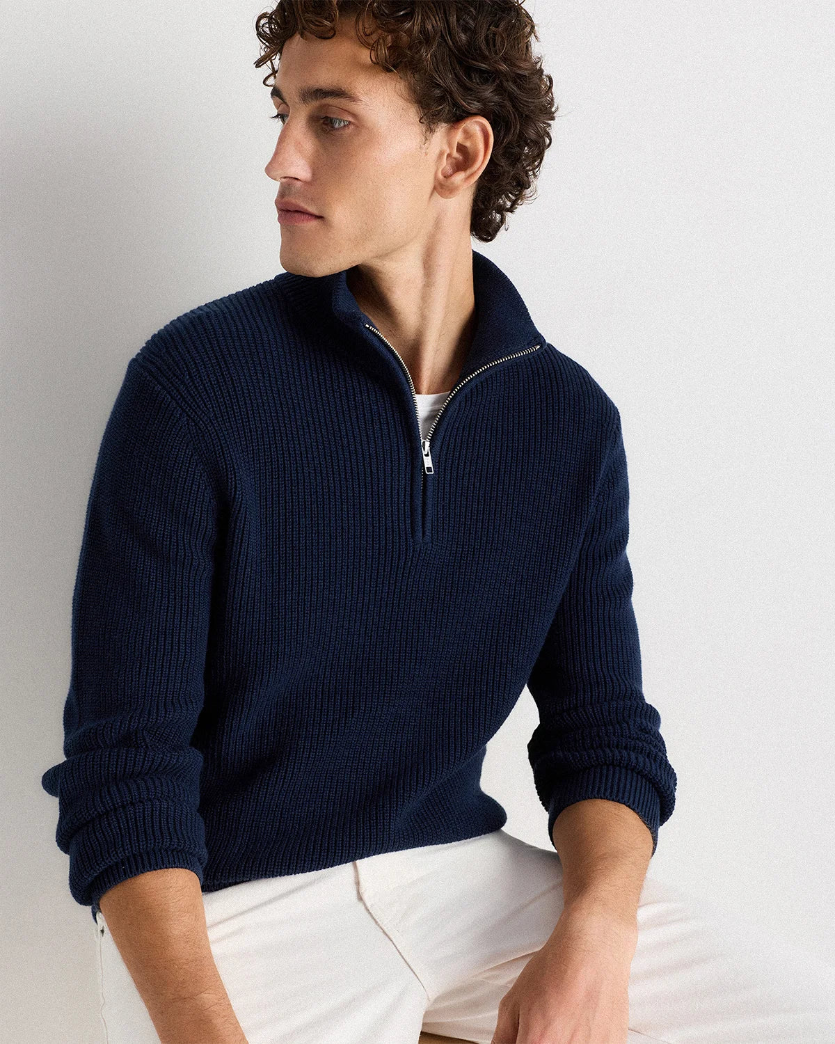 100% Organic Cotton Ribbed Quarter-Zip Sweater - S / Navy