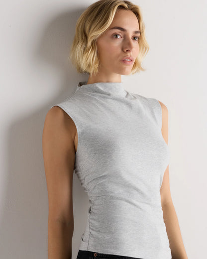 Stretch Cotton Jersey Sleeveless Mock Neck Top - XS / Heather Grey