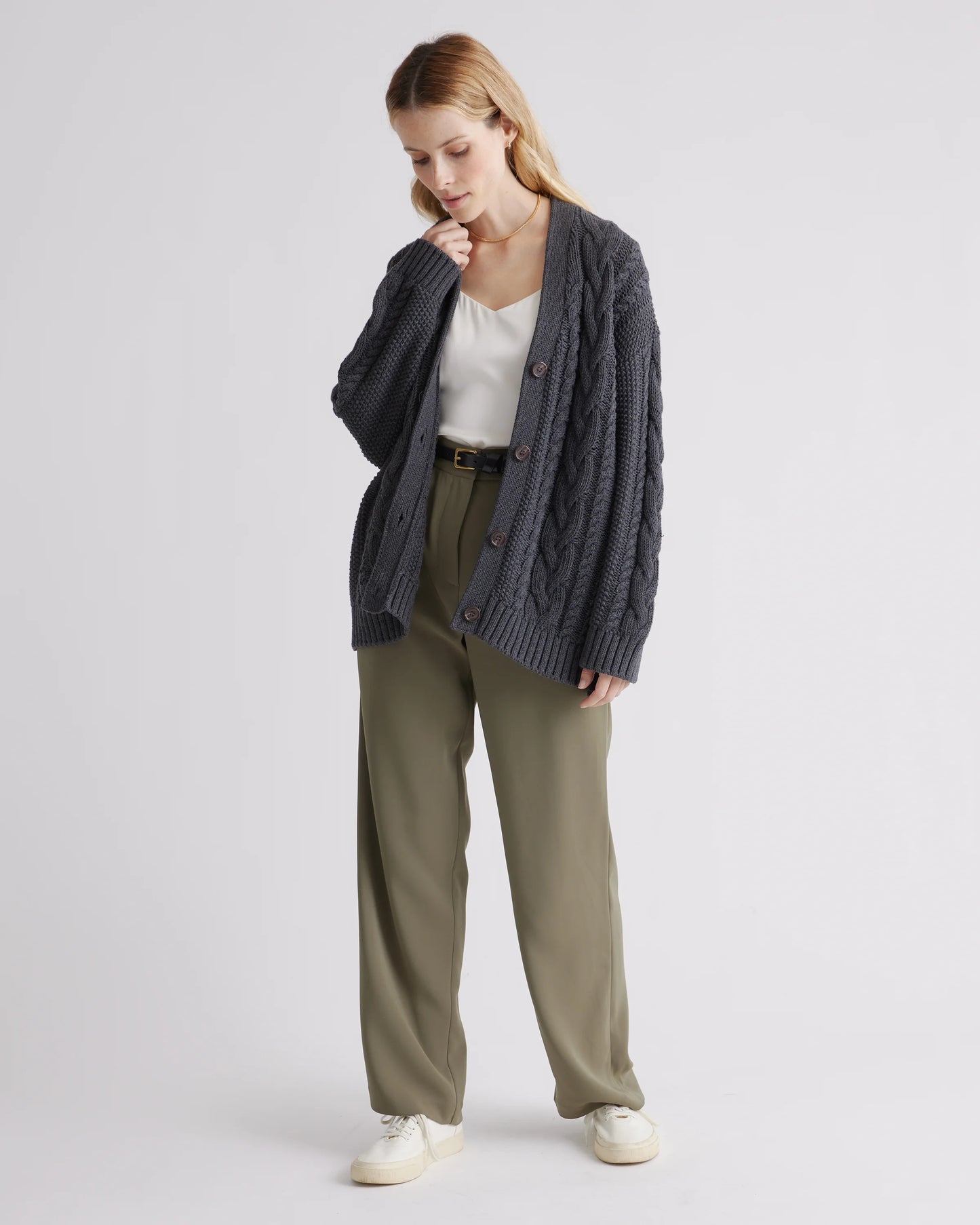 100% Organic Cotton Oversized Cable Cardigan - XS / Heather Brown