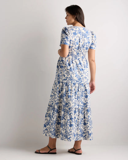 100% Organic Cotton Poplin Maternity Tiered Maxi Dress - XS / Riviera Blue Heirloom Floral