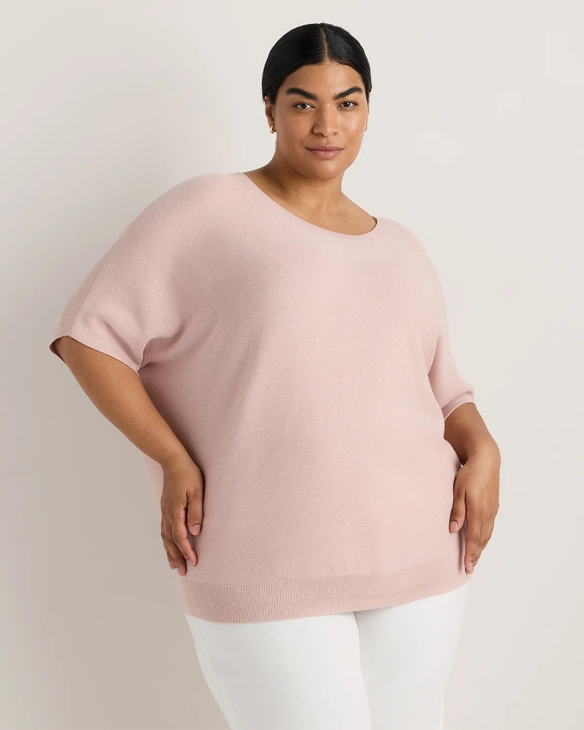 Lightweight Cotton Cashmere Link-Stitch Dolman Sweater - 1X / Orchid Blue Mini Stripe