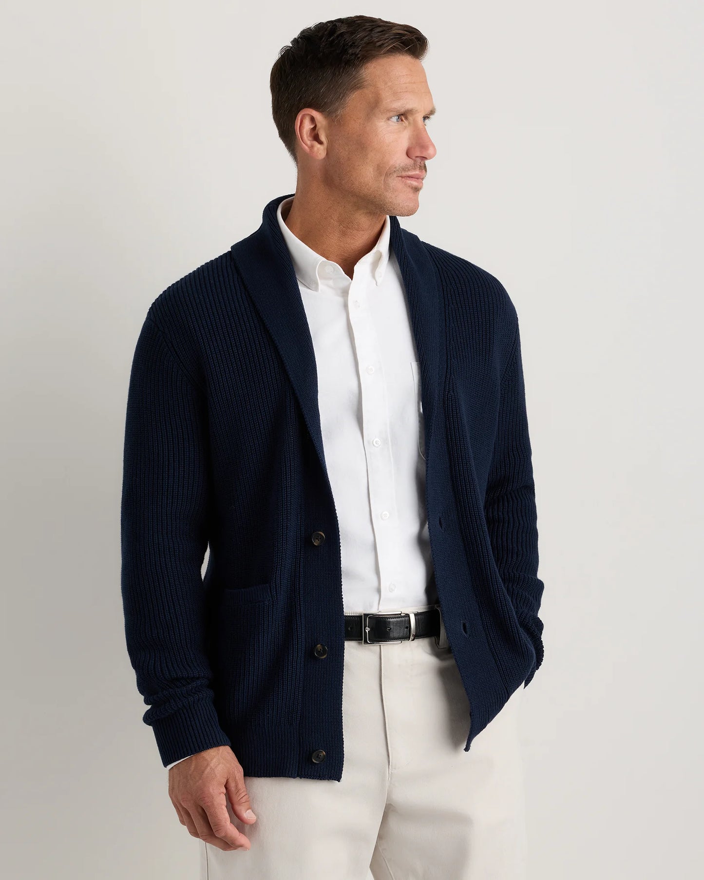 100% Organic Cotton Ribbed Shawl-Collar Cardigan Sweater - S / Bayberry Olive