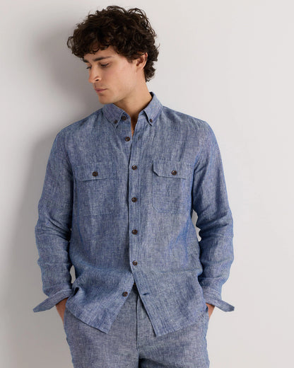 100% European Linen Utility Shirt - S / Taupe Brown Chambray