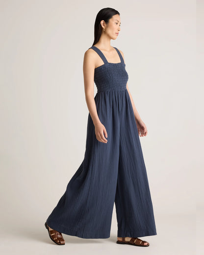 100% Organic Cotton Gauze Smocked Wide Leg Jumpsuit - XS / Wild Cherry