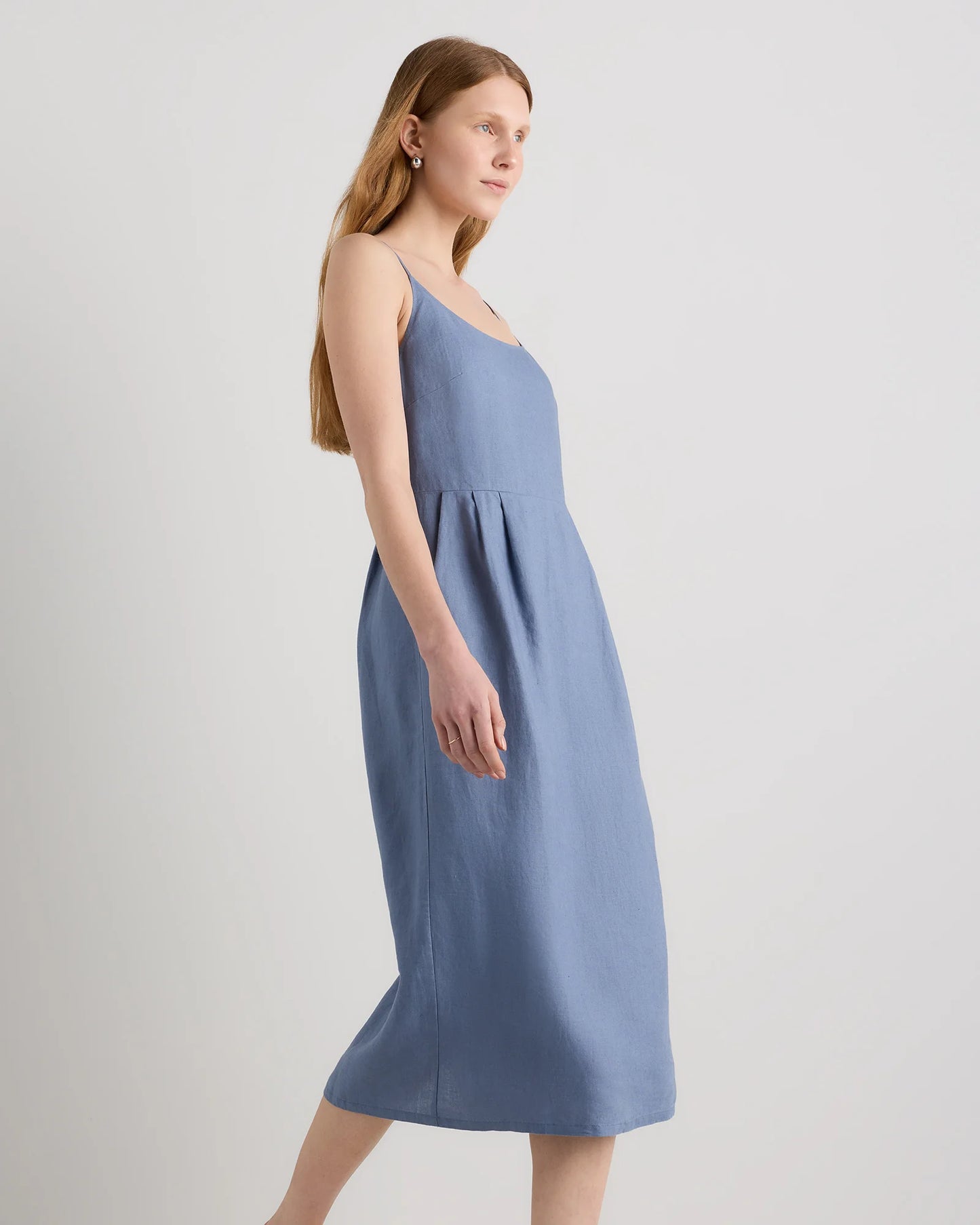 100% European Linen Scoop Neck Midi Dress - XS / Ivory Porcelain Blue Petite Floral