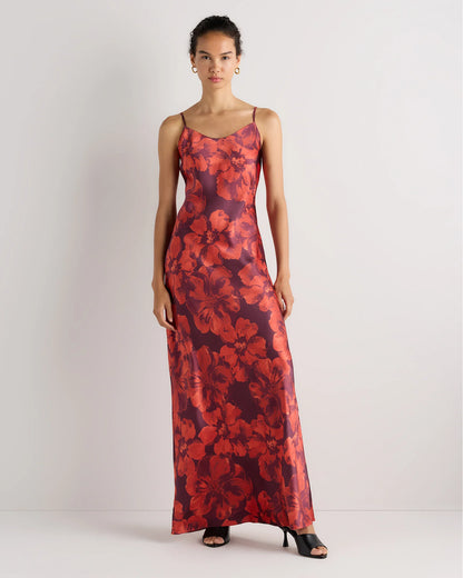100% Washable Silk Maxi Slip Dress - XS / Cordovan Red Hibiscus