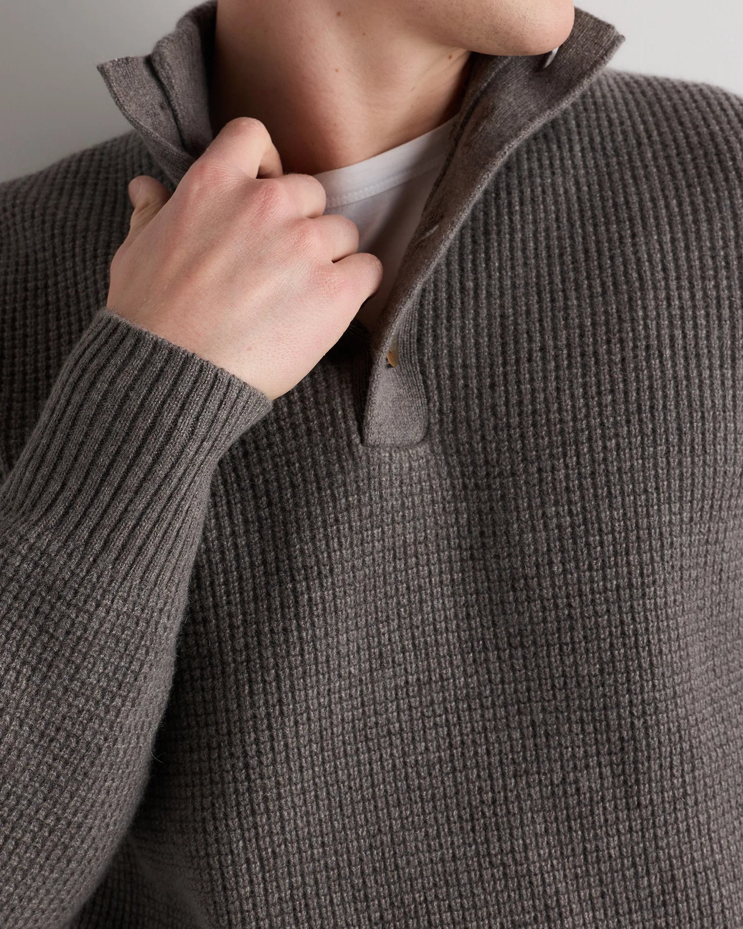 Mongolian Cashmere Waffle Quarter Button Sweater - S / Elk Brown