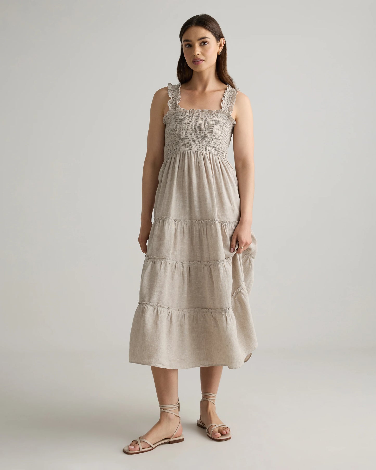 100% European Linen Smocked Midi Dress - XS / Ivory Porcelain Blue Petite Floral