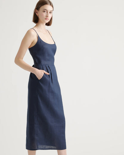 100% European Linen Scoop Neck Midi Dress - XS / Ivory Porcelain Blue Petite Floral