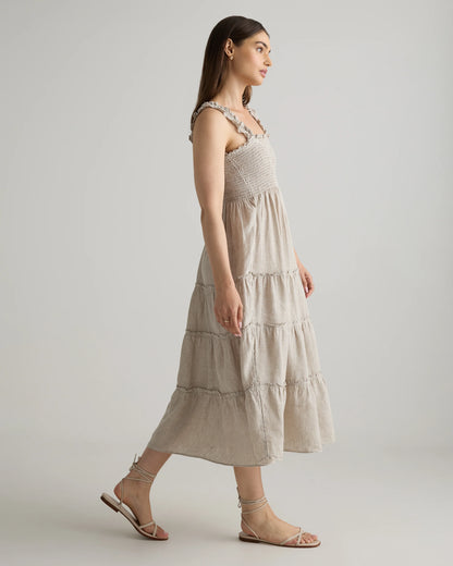 100% European Linen Smocked Midi Dress - XS / Ivory Porcelain Blue Petite Floral