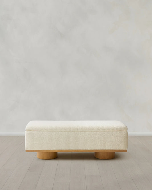 Oak and Performance Boucle Storage Bench - One Size / Ivory