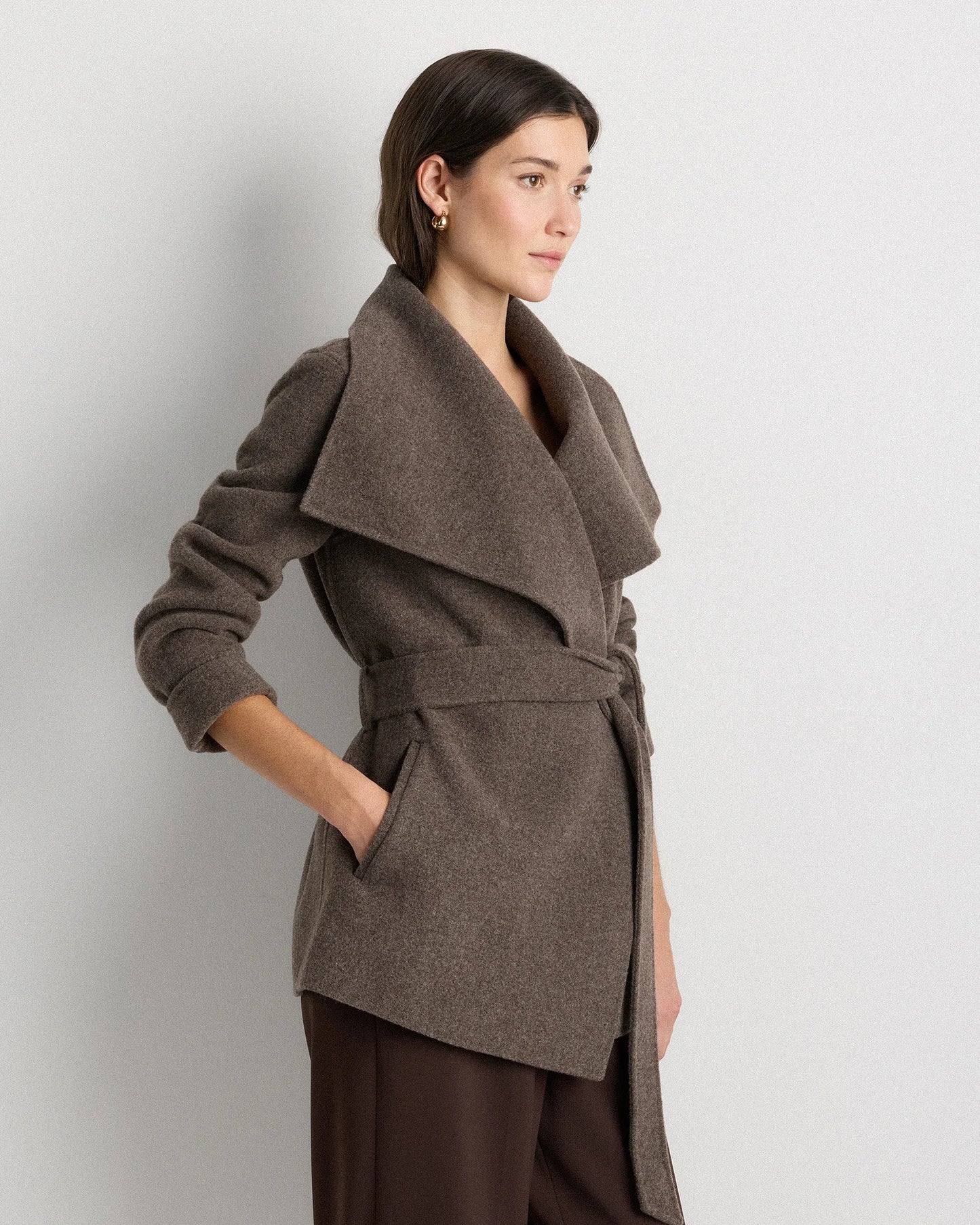 Double-Faced Merino Wool Draped Collar Short Wrap Coat - XS / Cocoa Melange