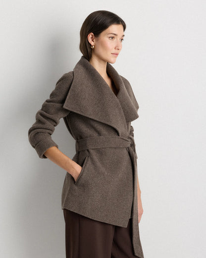 Double-Faced Merino Wool Draped Collar Short Wrap Coat - XS / Cocoa Melange