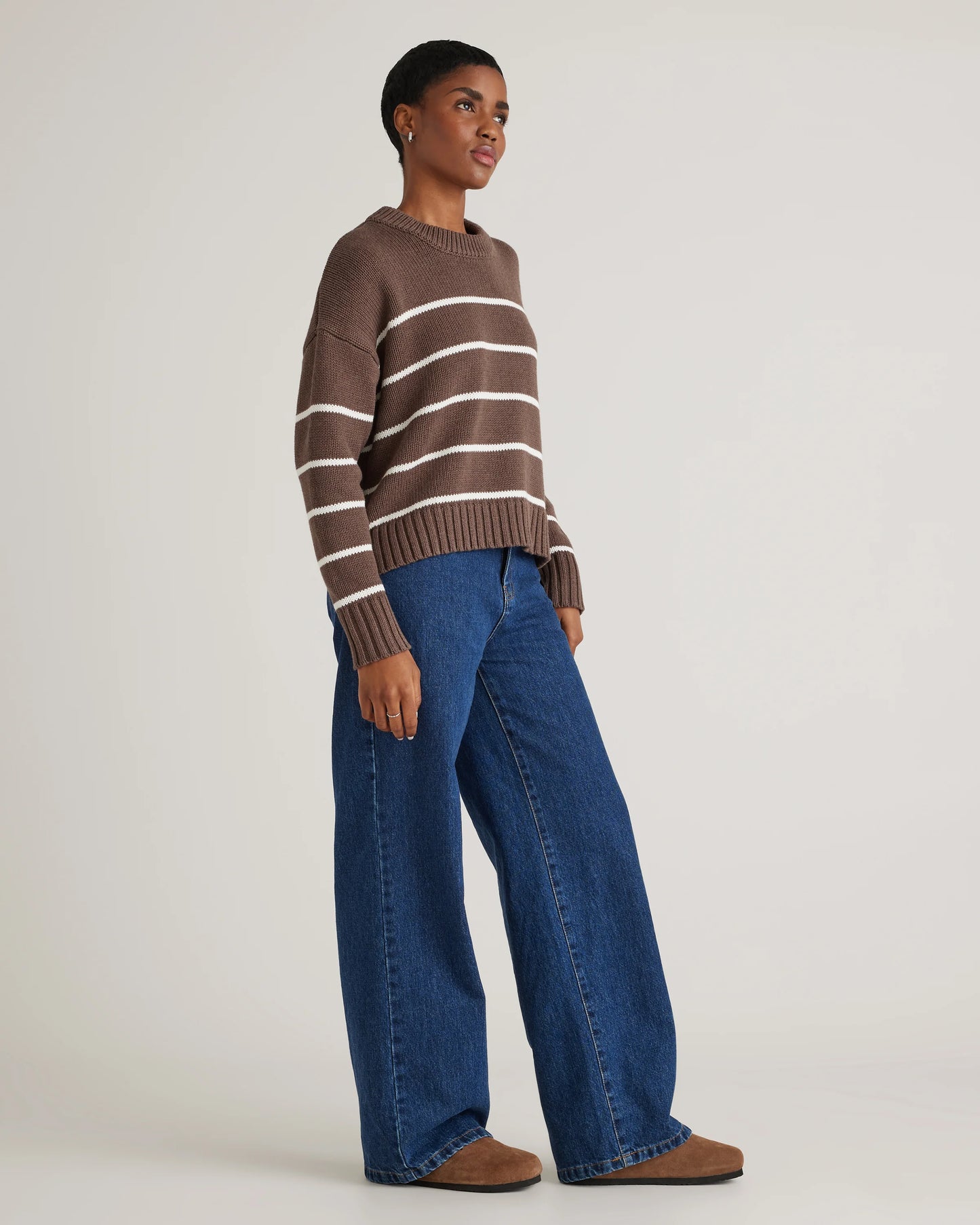 100% Organic Cotton Striped Crew Sweater - XS / Heather Brown/Ivory