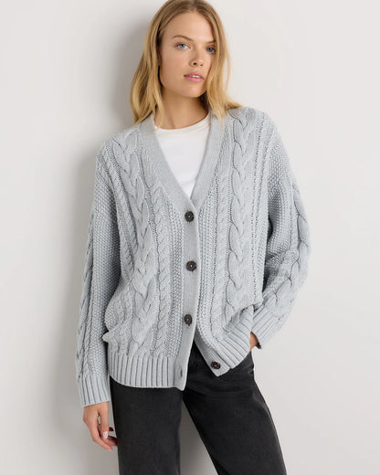 100% Organic Cotton Oversized Cable Cardigan - XS / Heather Brown