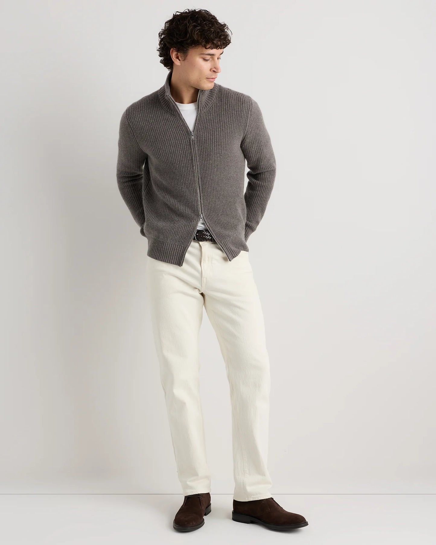Mongolian Cashmere Fisherman Full Zip Sweater - S / Teak