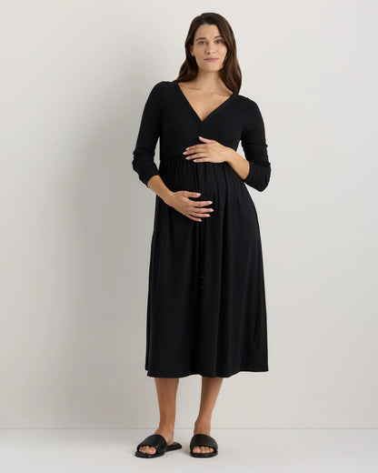 Bamboo Rib Maternity Long Sleeve Button Front Dress - XS / Classic White