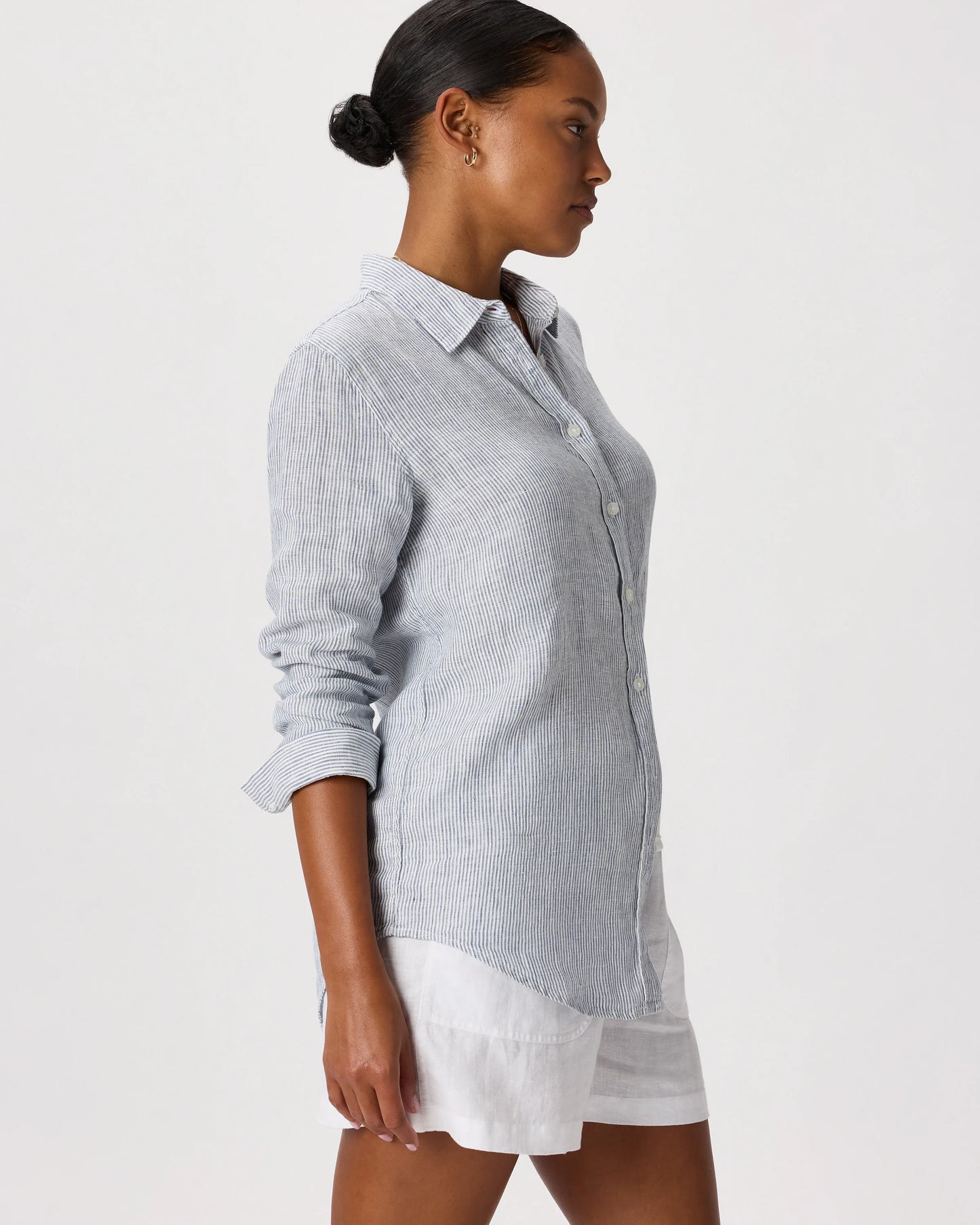 100% European Linen Long Sleeve Shirt - XS / Blue Pinstripe