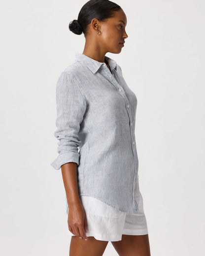 100% European Linen Long Sleeve Shirt - XS / Blue Pinstripe