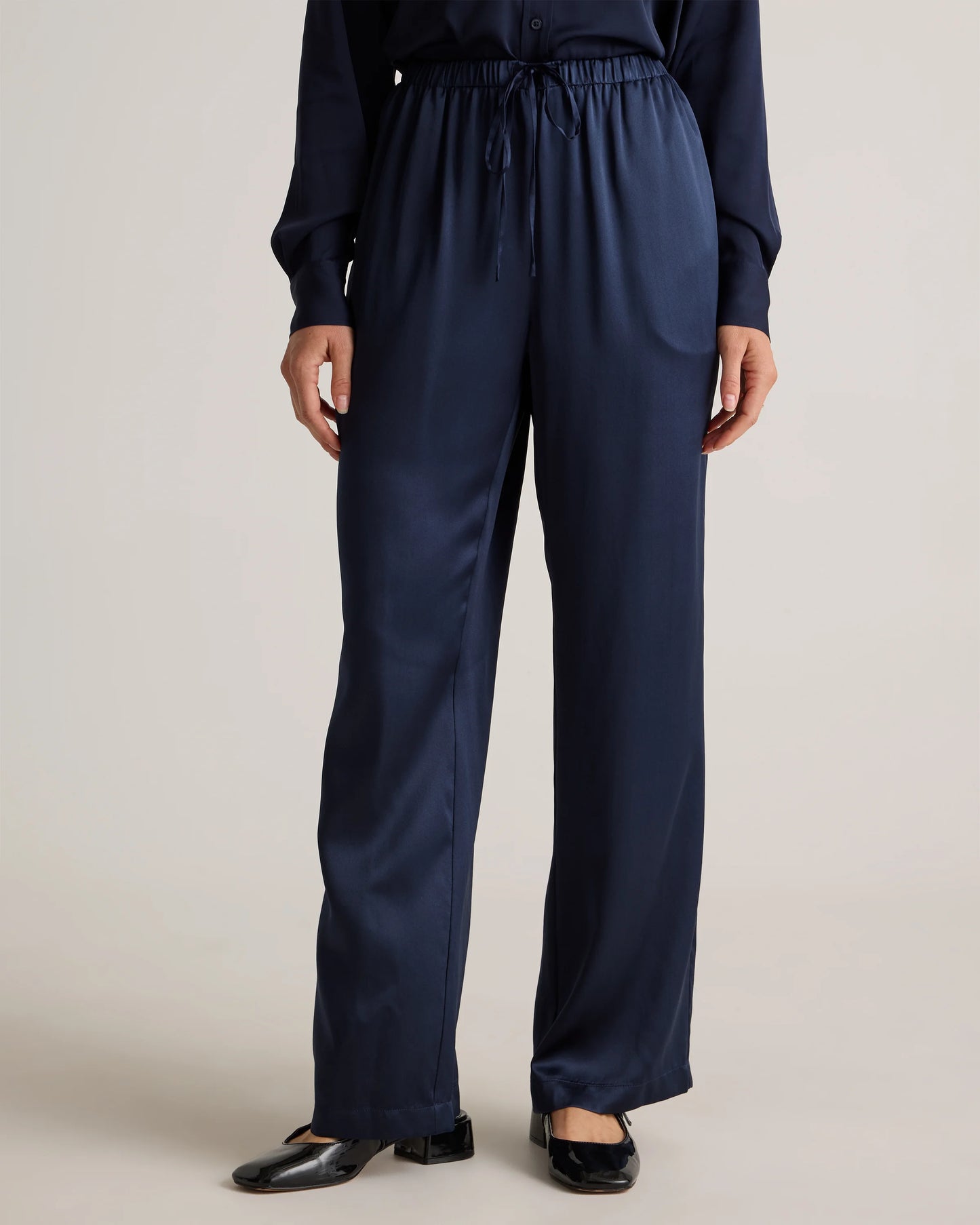 100% Washable Silk Drawstring Wide Leg Pants - XS / Champagne