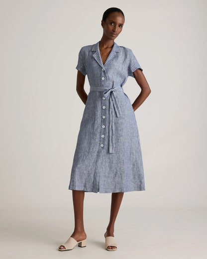 100% European Linen Button Front Dress - XS / Sky Blue Mariner Stripe