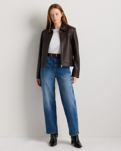 100% Leather Cropped Zip-Front Jacket - XS / True Black
