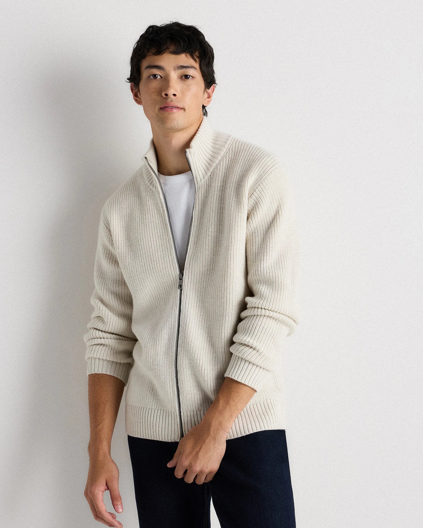Australian Merino Wool Full Zip Sweater - S / Heather Bone