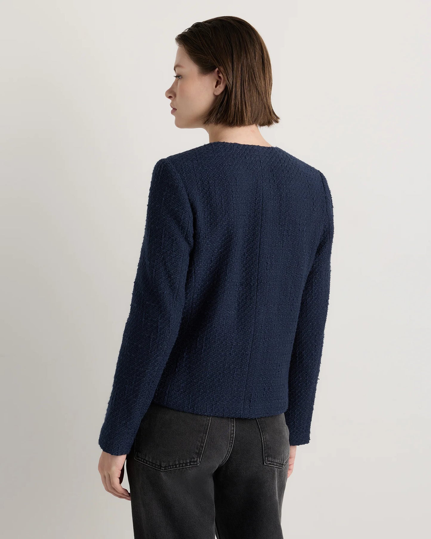 Tweed Collarless Jacket - XS / Deep Navy