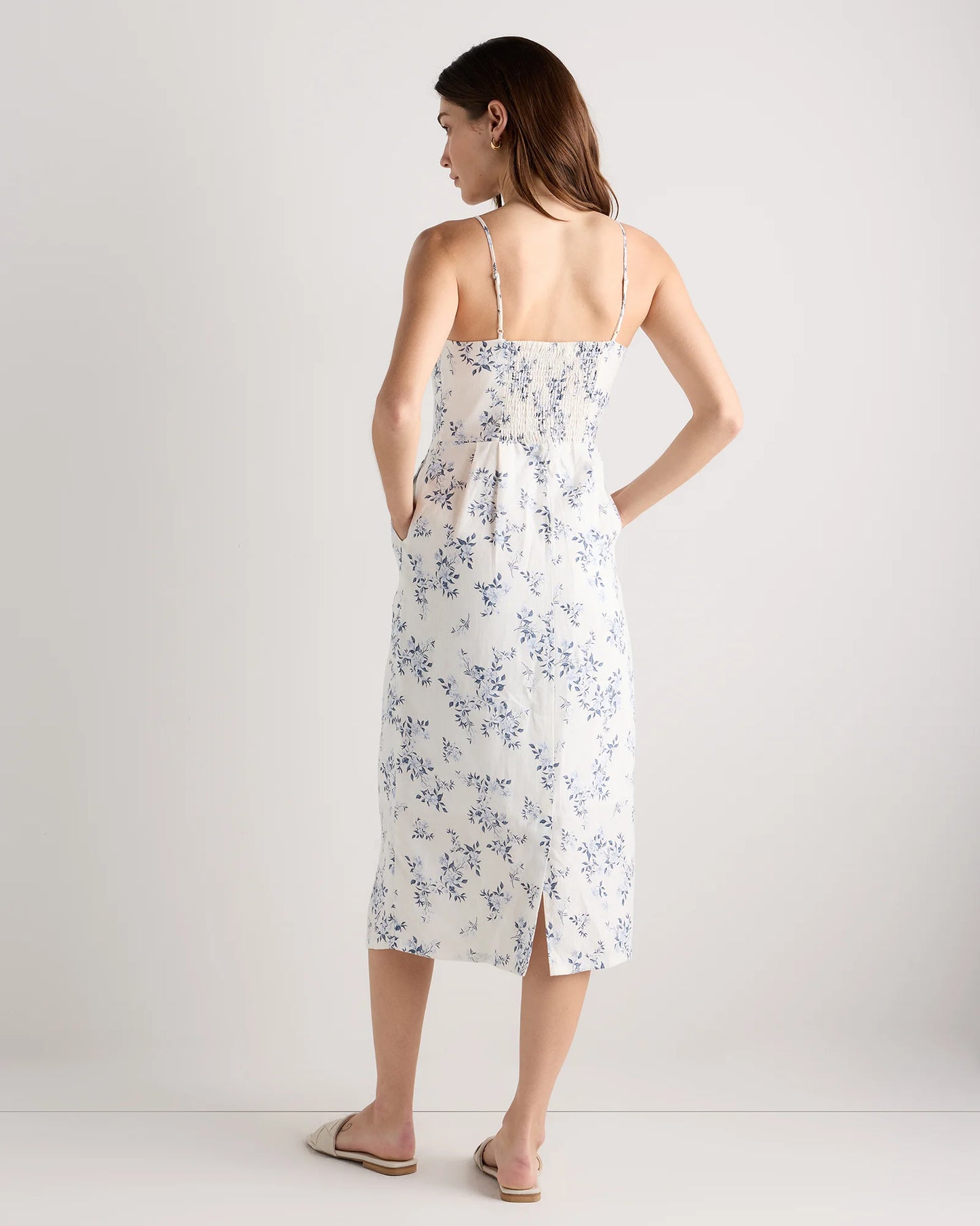 100% European Linen Scoop Neck Midi Dress - XS / Ivory Porcelain Blue Petite Floral