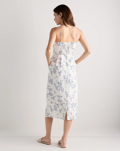 100% European Linen Scoop Neck Midi Dress - XS / Ivory Porcelain Blue Petite Floral