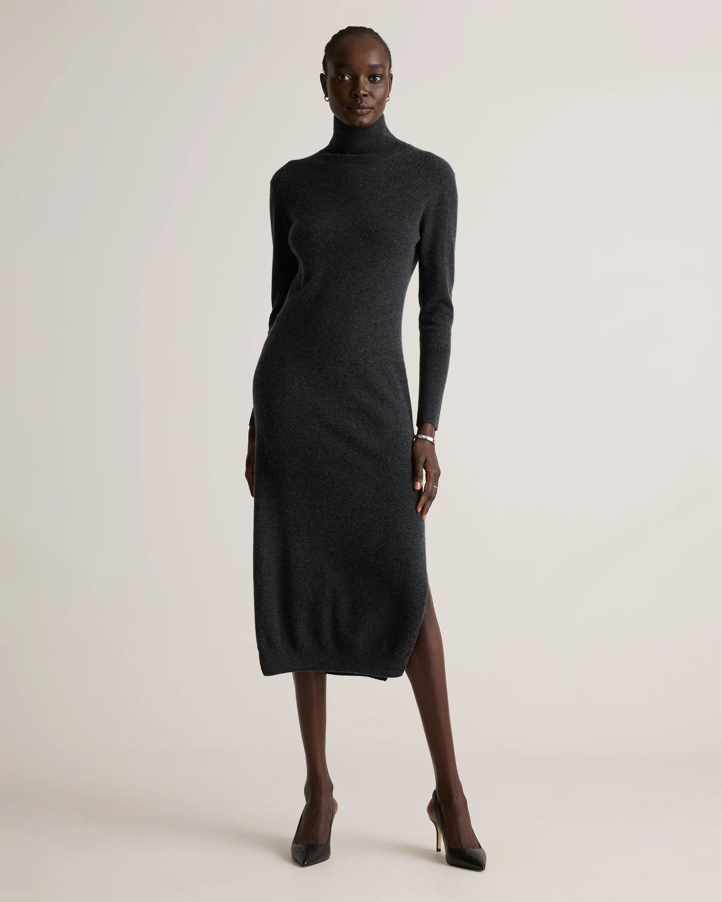 Mongolian Cashmere Turtleneck Midi Sweater Dress - XS / Charcoal