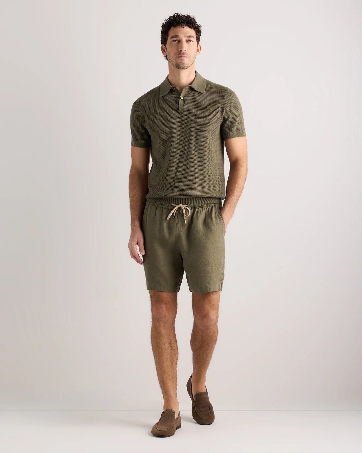 100% European Linen Drawstring Beach Shorts - 7" - XS / Taupe Brown Chambray
