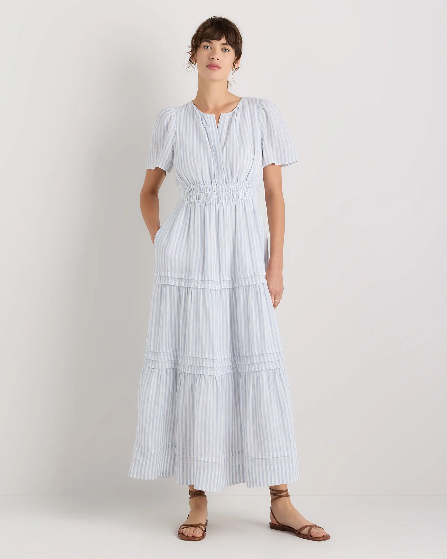 100% European Linen Tiered Maxi Dress - XS / Ivory Porcelain Blue Petite Floral