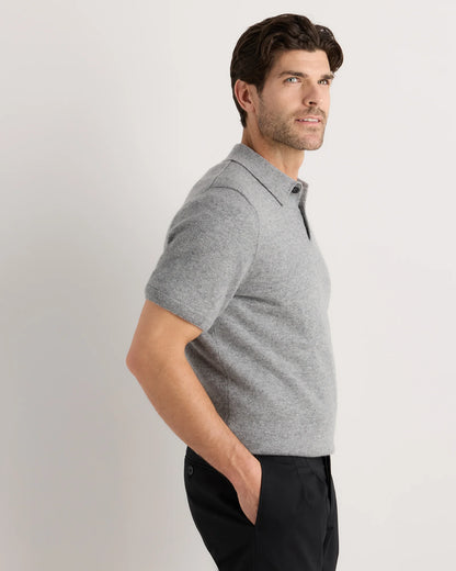 100% Mongolian Cashmere Short Sleeve Polo Sweater - S / Heather Storm Blue