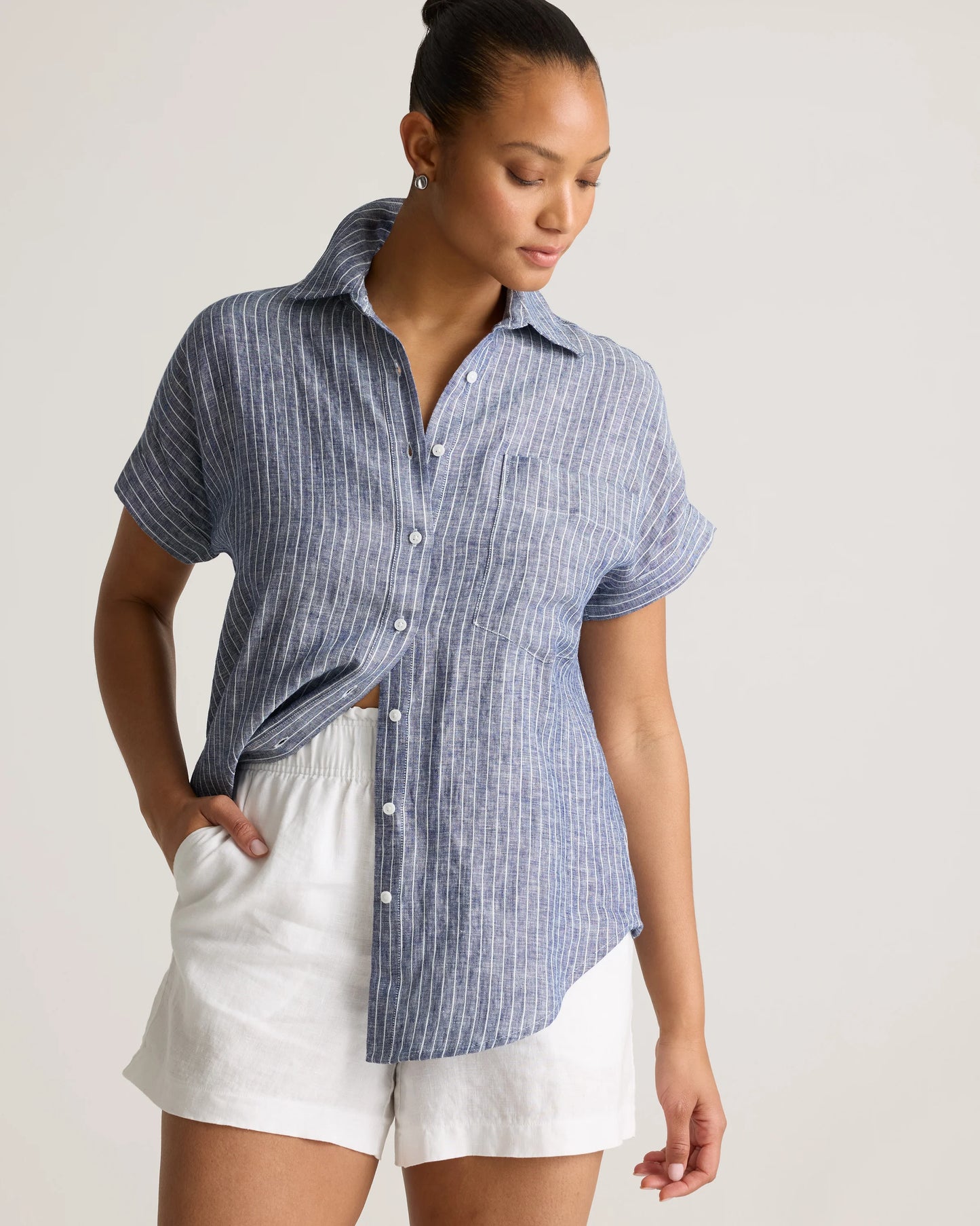 100% European Linen Camp Shirt - XS / Sky Blue Mariner Stripe