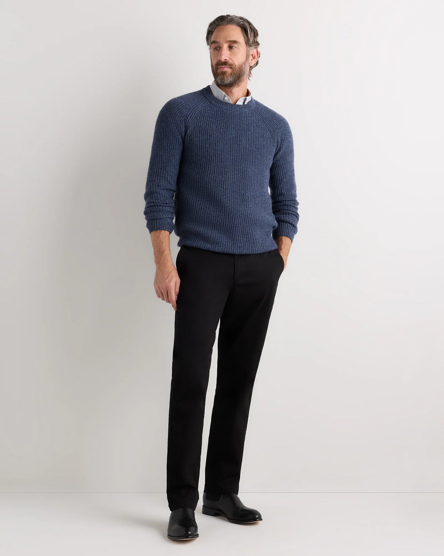 Mongolian Cashmere Fisherman Crewneck Sweater - S / Navy Marl