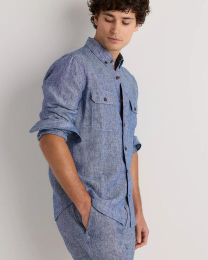 100% European Linen Utility Shirt - S / Taupe Brown Chambray