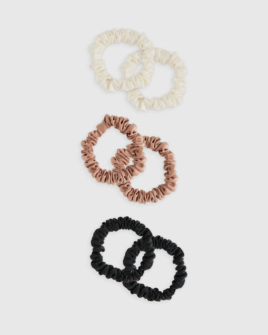100% Washable Silk Skinny Scrunchies - One Size / Black/Ivory/Toasted Almond