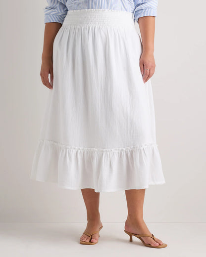 100% Organic Cotton Gauze Smocked Maxi Skirt - 1X / White