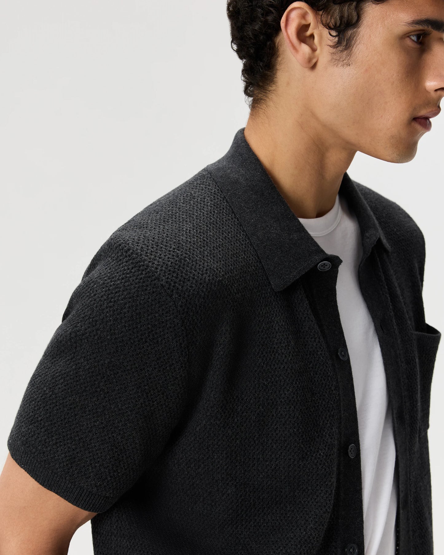 100% Organic Cotton Mesh-Stitch Button-Up Sweater Polo - XS / Speckled Beige