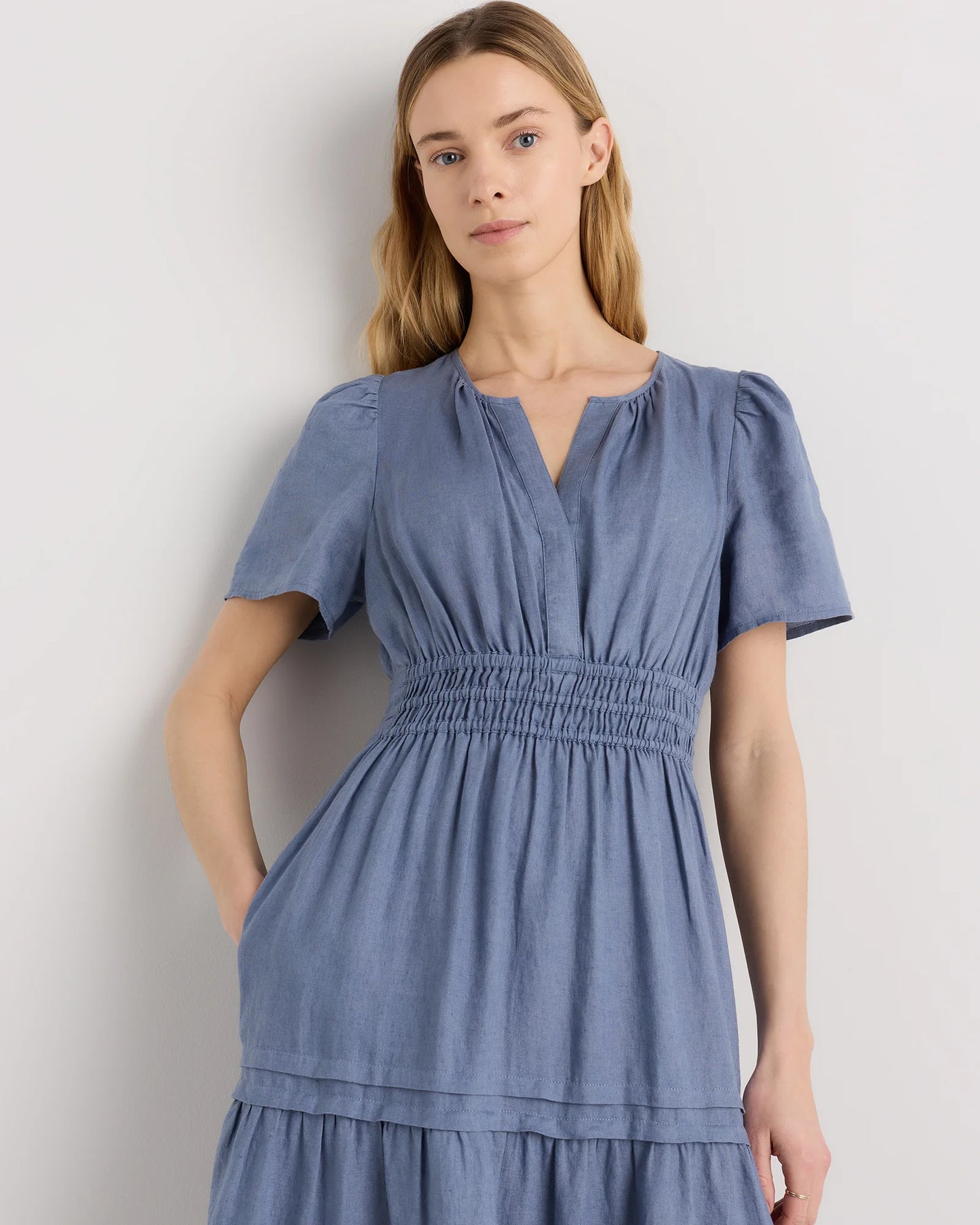100% European Linen Tiered Maxi Dress - XS / Ivory Porcelain Blue Petite Floral