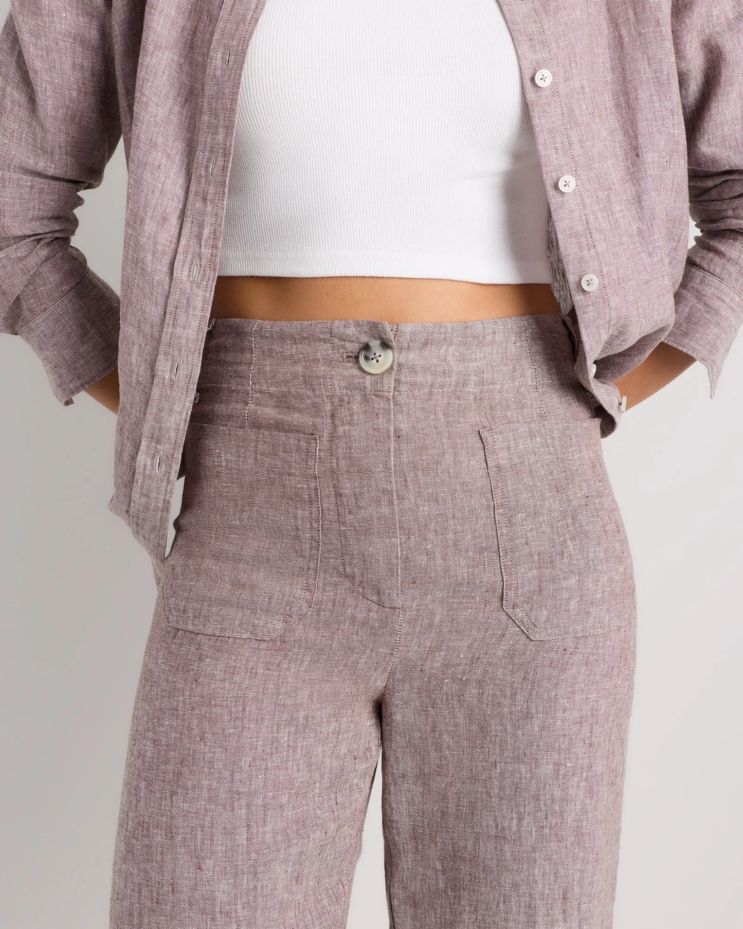 100% European Linen Patch Pocket Wide Leg Pants - 0 / Taupe Brown Chambray